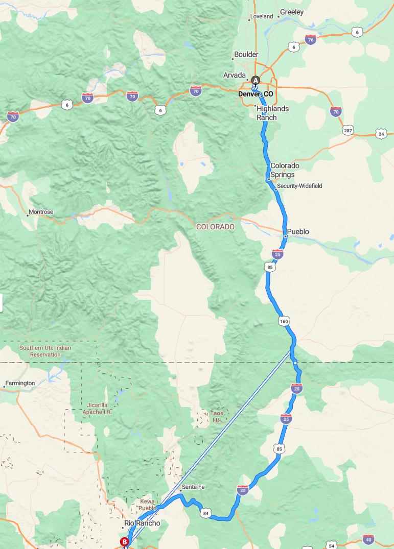 driving from Denver, Colorado to AlbuquerqueNew Mexico - map and route