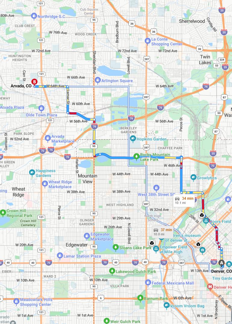 driving from Denver, Colorado to ArvadaColorado - map and route