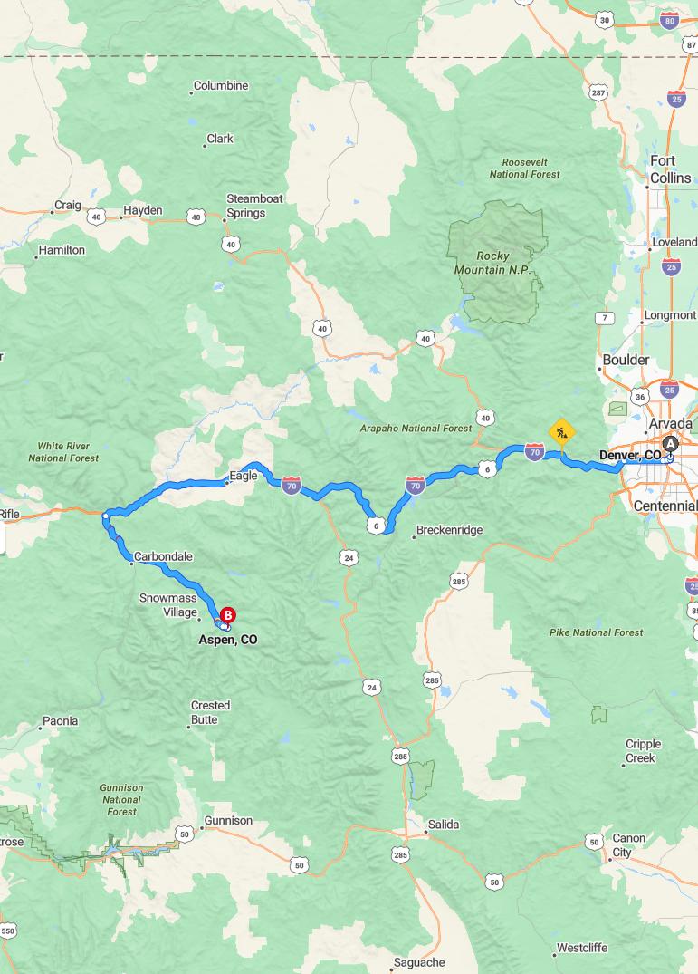 driving from Denver, Colorado to AspenColorado - map and route
