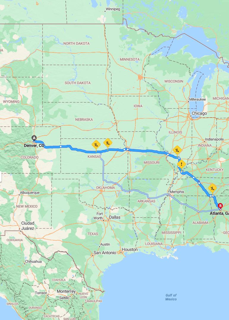 driving from Denver, Colorado to AtlantaGeorgia - map and route