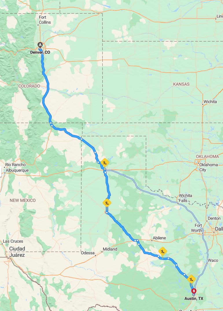 driving from Denver, Colorado to AustinTexas - map and route