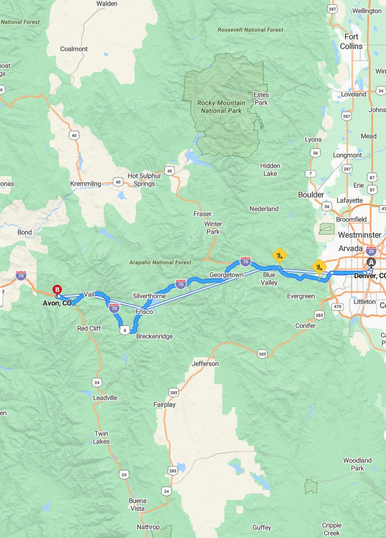 driving from Denver, Colorado to AvonColorado - map and route