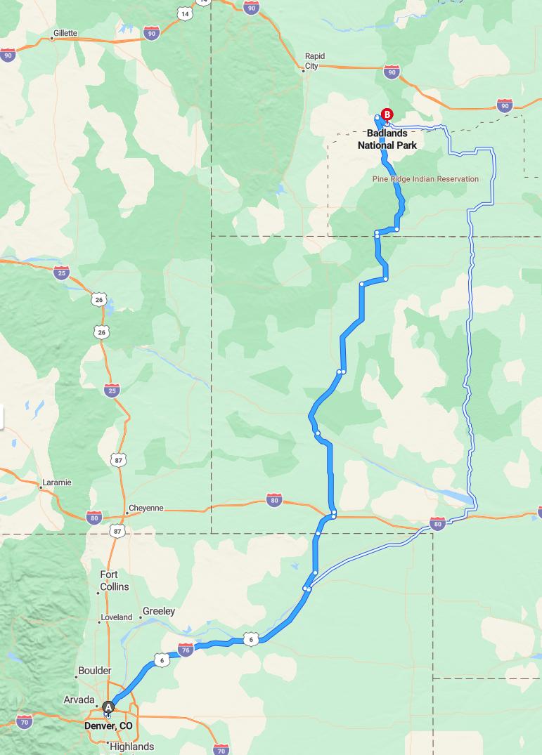 driving from Denver, Colorado to Badlands National ParkSouth Dakota - map and route