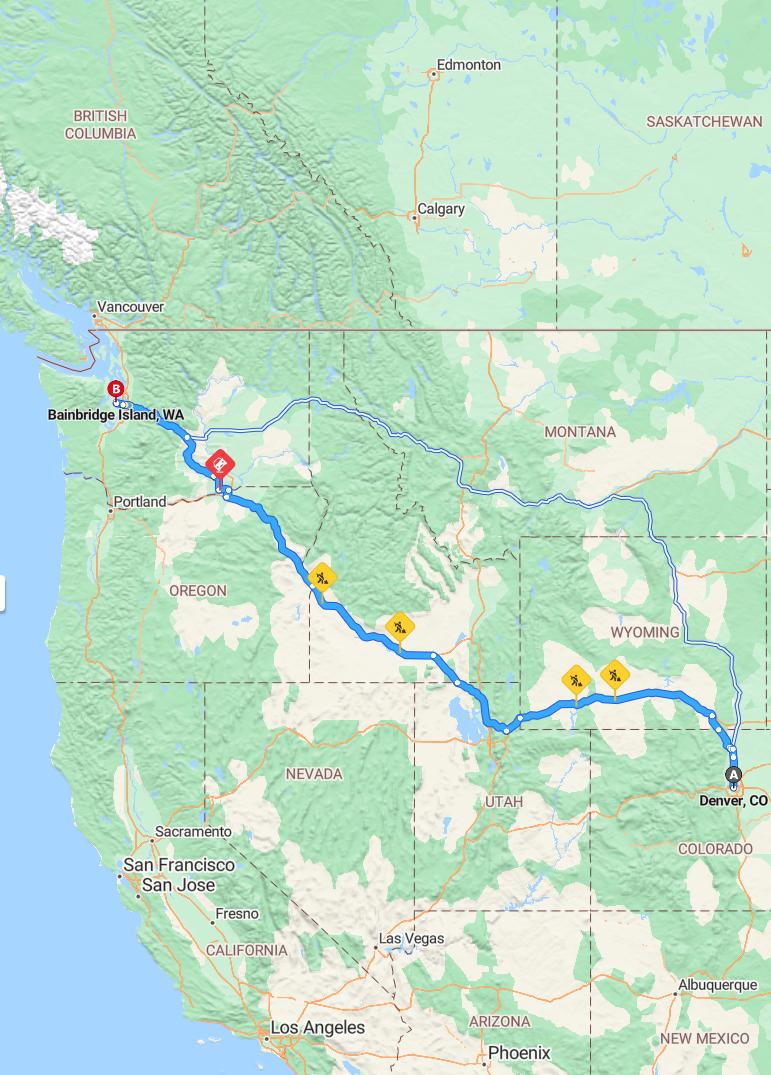 driving from Denver, Colorado to Bainbridge IslandWashington - map and route
