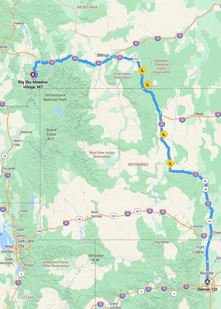 driving from Denver, Colorado to Big SkyMontana - map and route