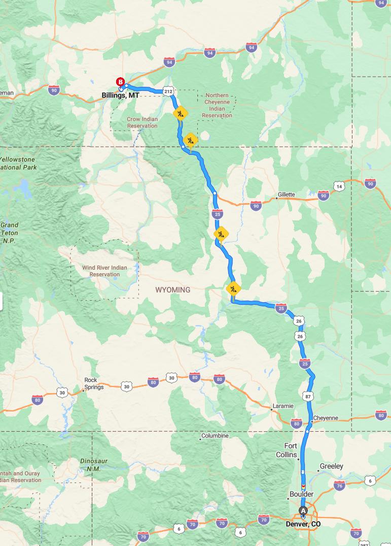 driving from Denver, Colorado to BillingsMontana - map and route