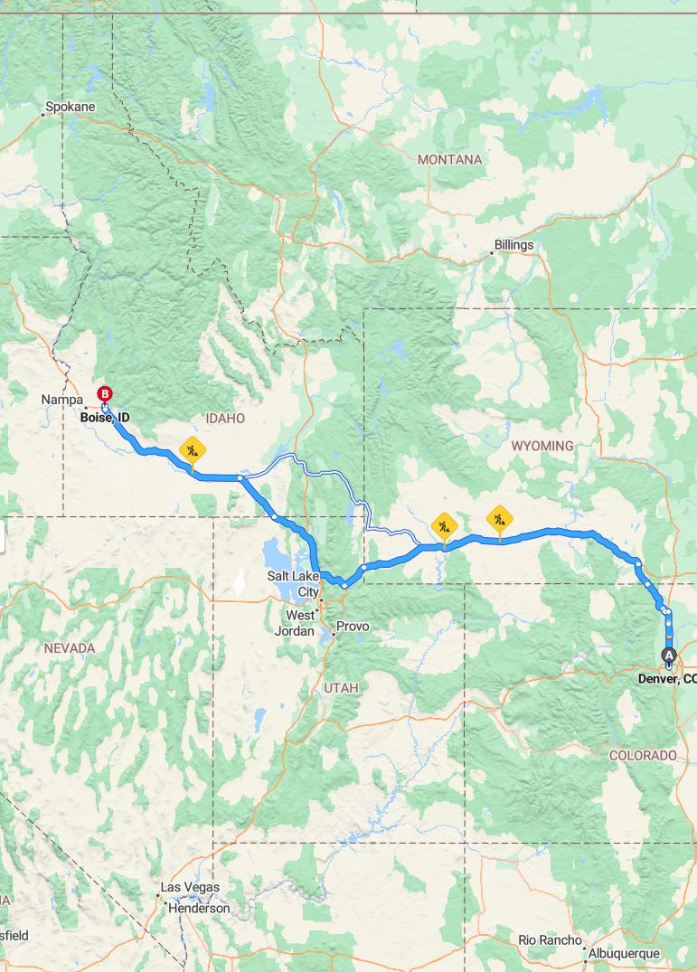 driving from Denver, Colorado to BoiseIdaho - map and route