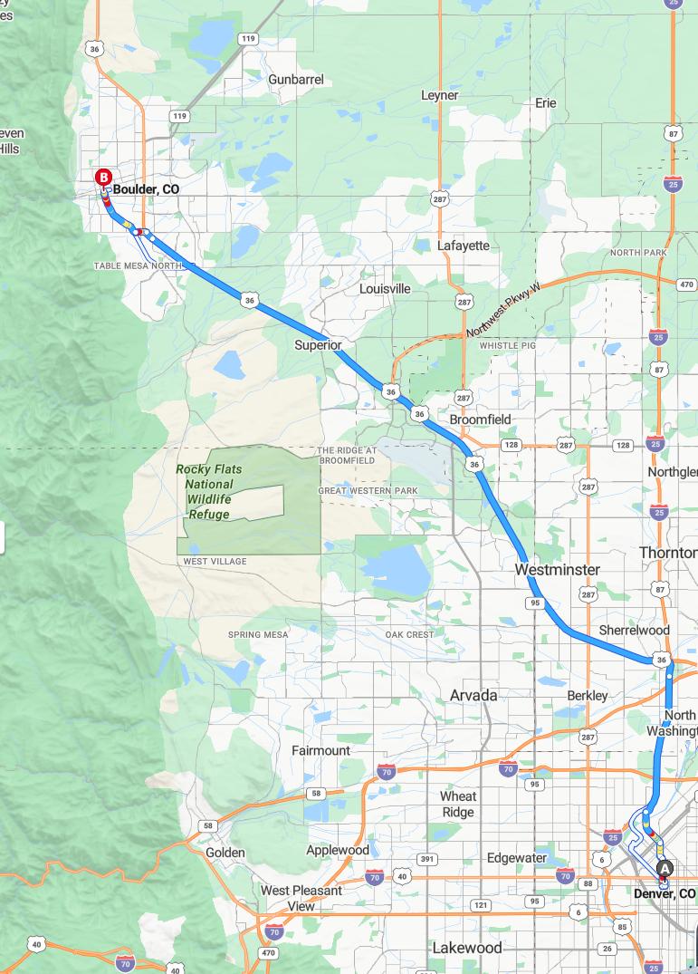 driving from Denver, Colorado to BoulderColorado - map and route