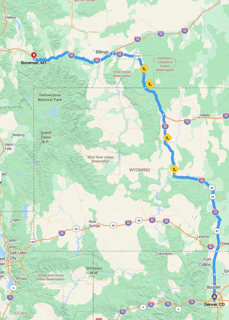 driving from Denver, Colorado to BozemanMontana - map and route