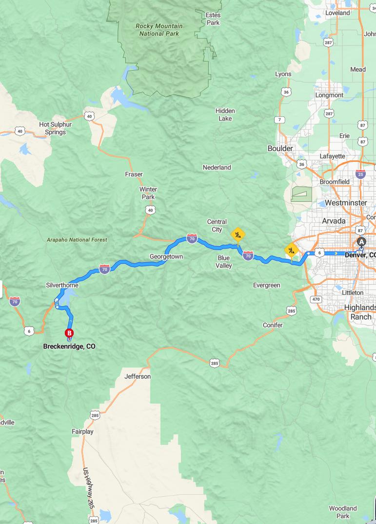 driving from Denver, Colorado to BreckenridgeColorado - map and route