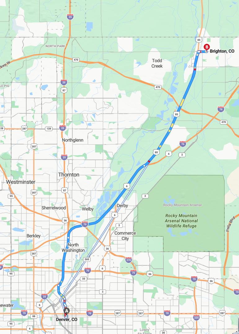 driving from Denver, Colorado to BrightonColorado - map and route