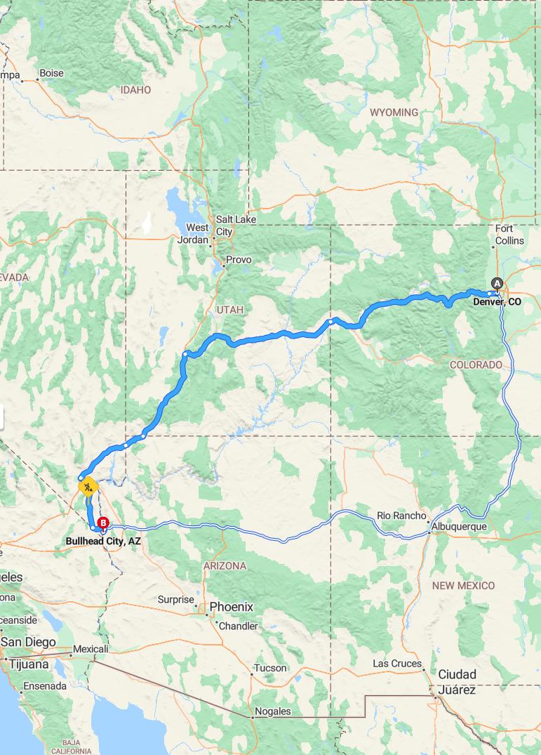 driving from Denver, Colorado to Bullhead CityArizona - map and route