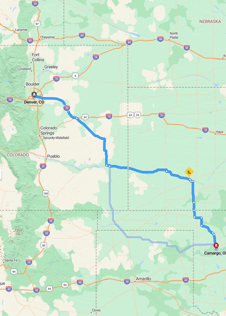 driving from Denver, Colorado to CamargoOklahoma - map and route