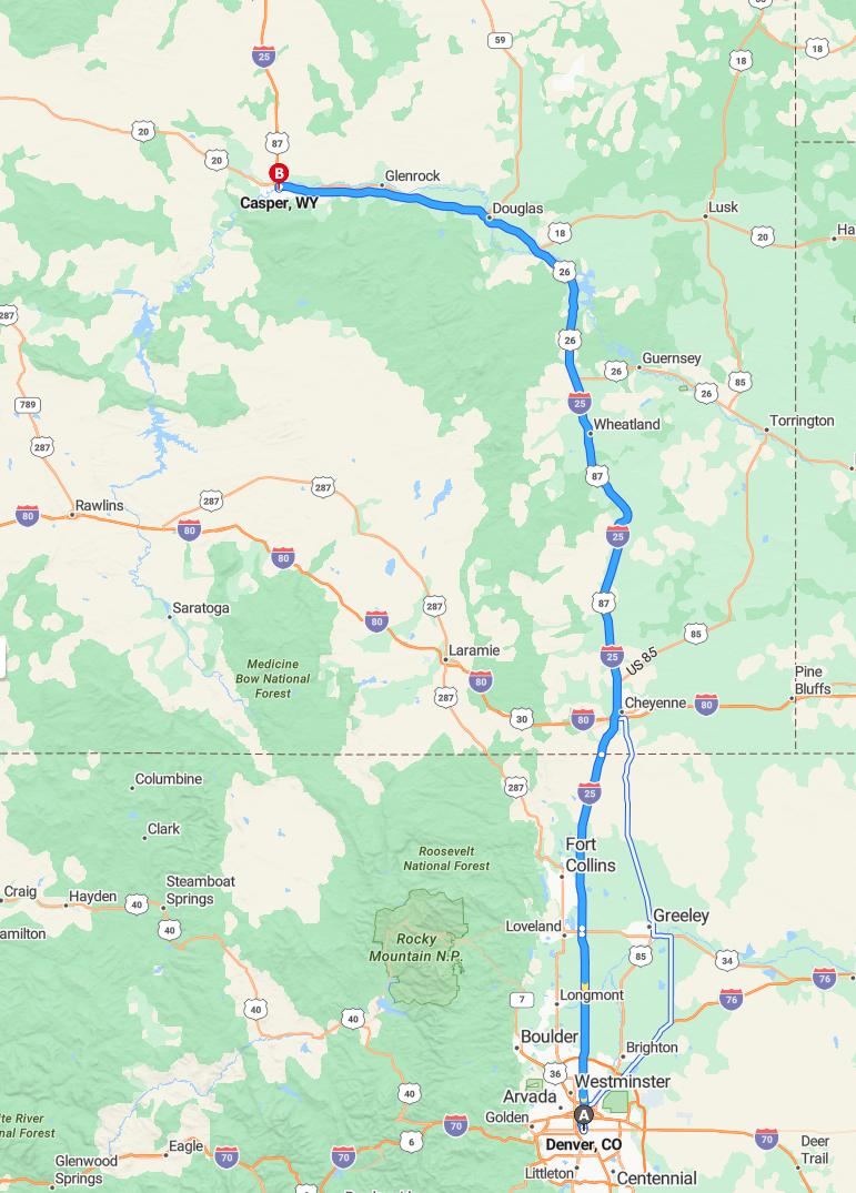 driving from Denver, Colorado to CasperWyoming - map and route