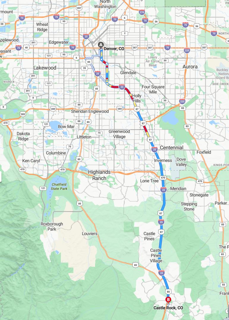 driving from Denver, Colorado to Castle RockColorado - map and route
