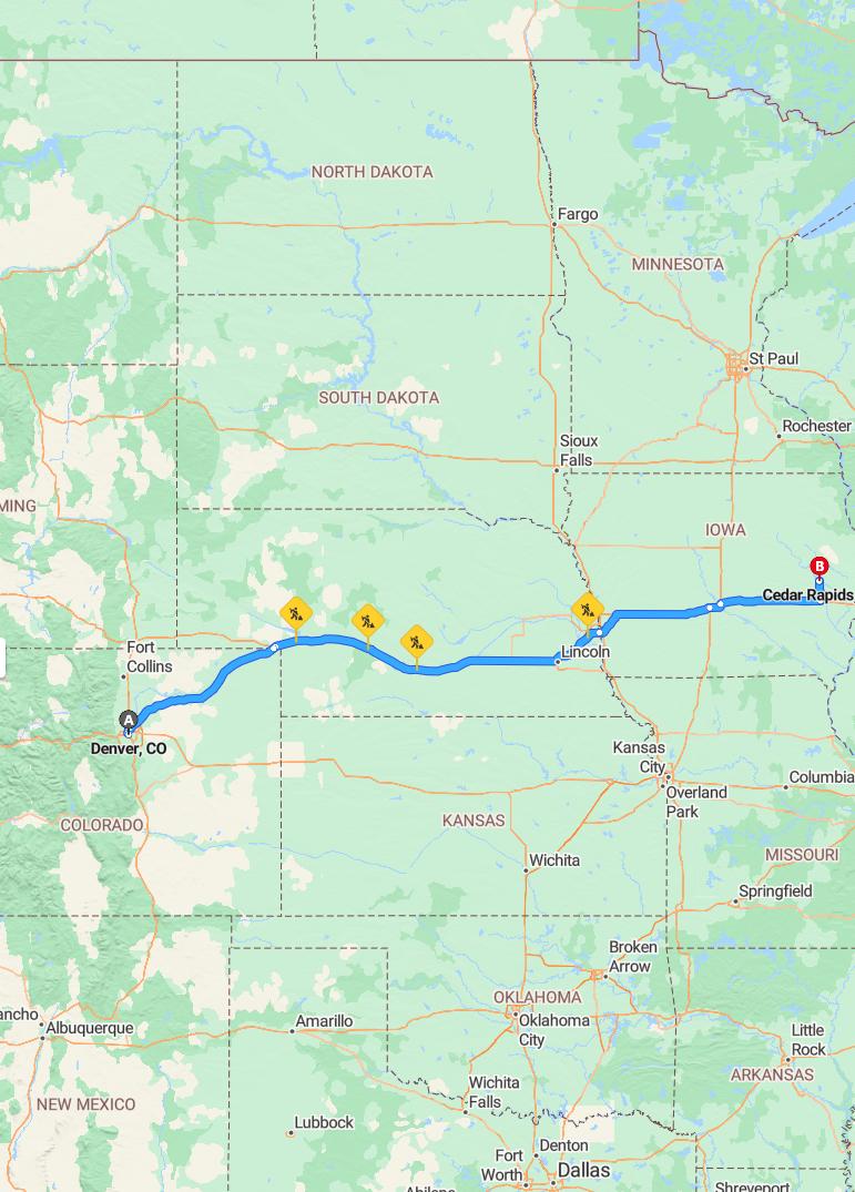 driving from Denver, Colorado to Cedar RapidsIowa - map and route