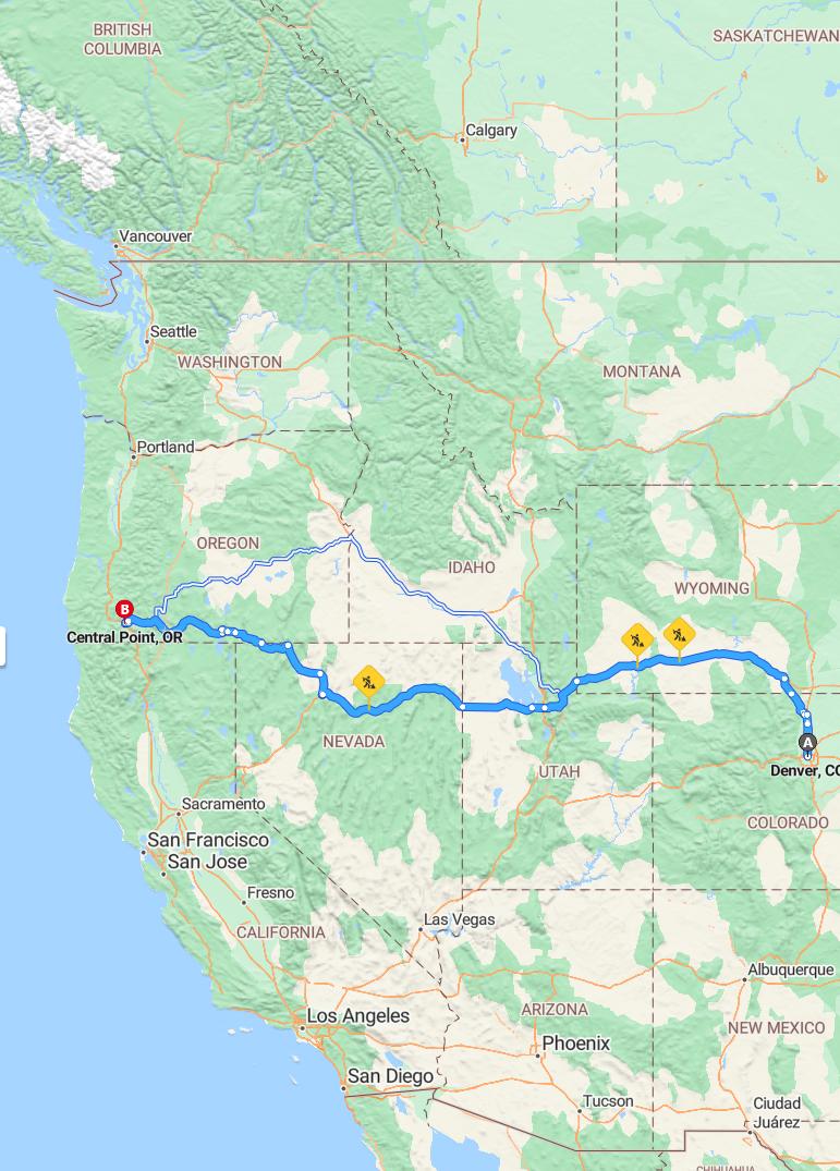driving from Denver, Colorado to Central PointOregon - map and route