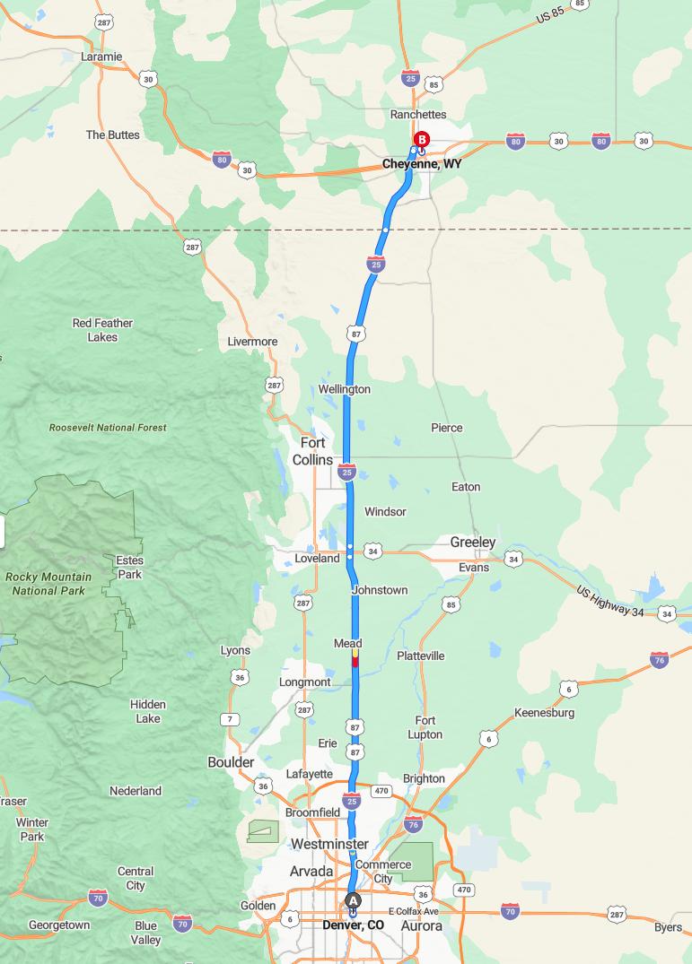 driving from Denver, Colorado to CheyenneWyoming - map and route
