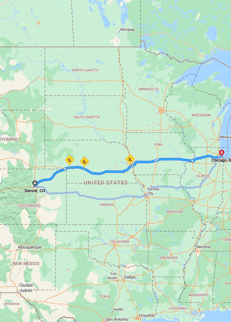driving from Denver, Colorado to ChicagoIllinois - map and route