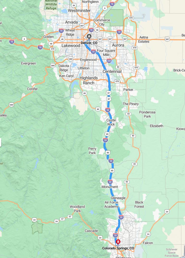 driving from Denver, Colorado to Colorado SpringsColorado - map and route