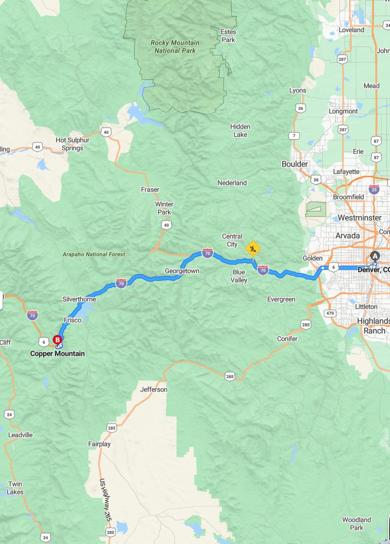 driving from Denver, Colorado to Copper MountainColorado - map and route