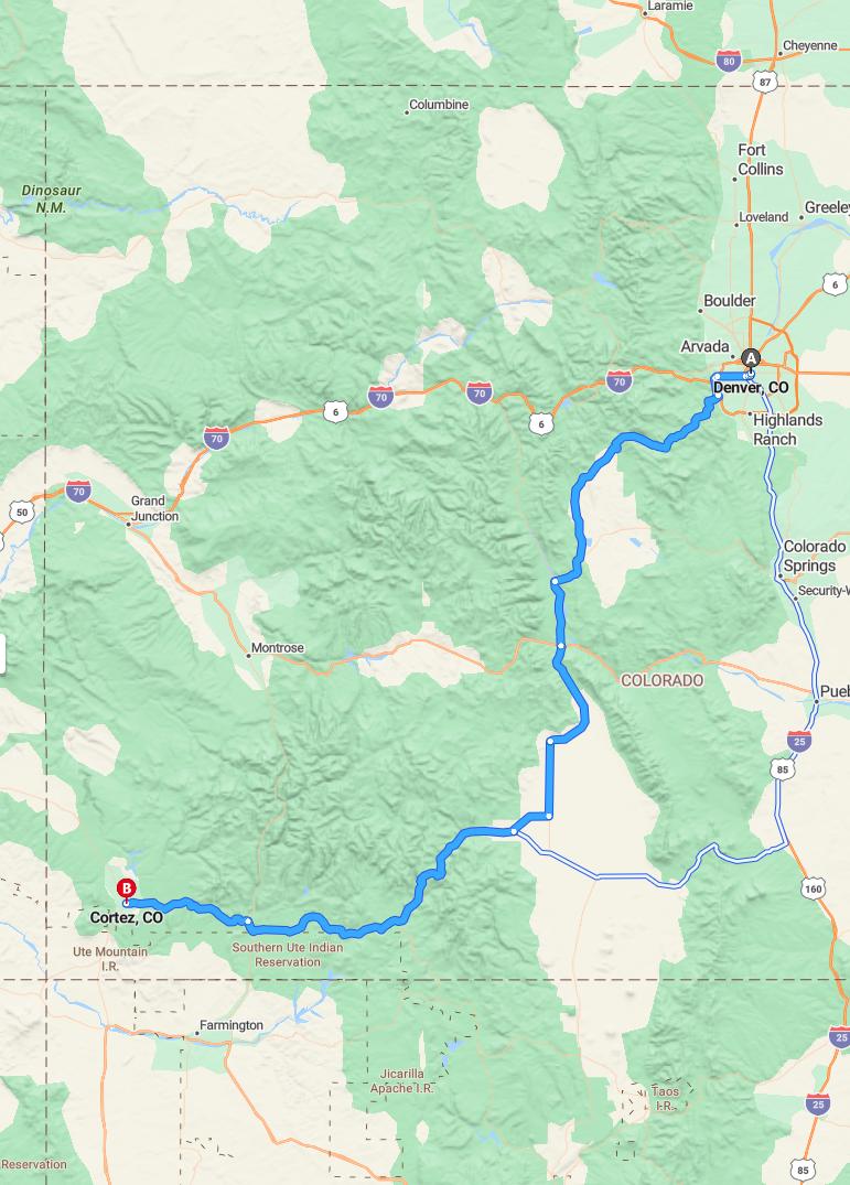 driving from Denver, Colorado to CortezColorado - map and route