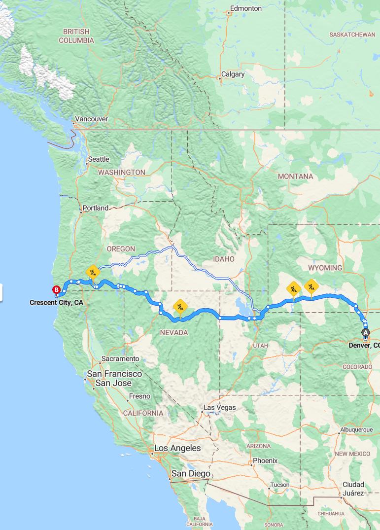 driving from Denver, Colorado to Crescent CityCalifornia - map and route