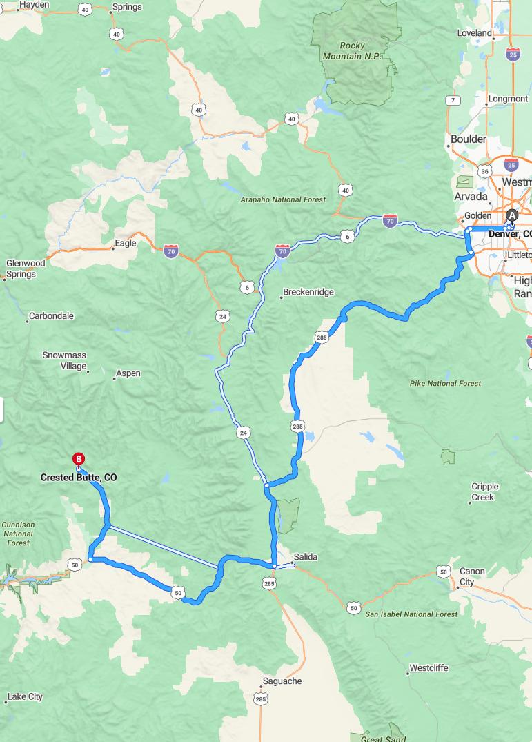 driving from Denver, Colorado to Crested ButteColorado - map and route
