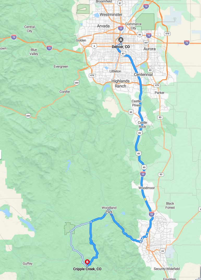 driving from Denver, Colorado to Cripple CreekColorado - map and route