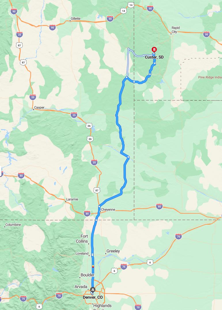 driving from Denver, Colorado to CusterSouth Dakota - map and route