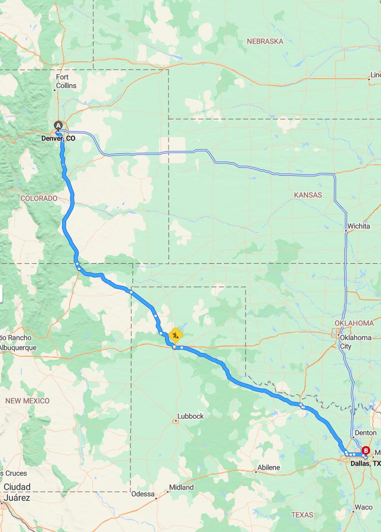 driving from Denver, Colorado to DallasTexas - map and route