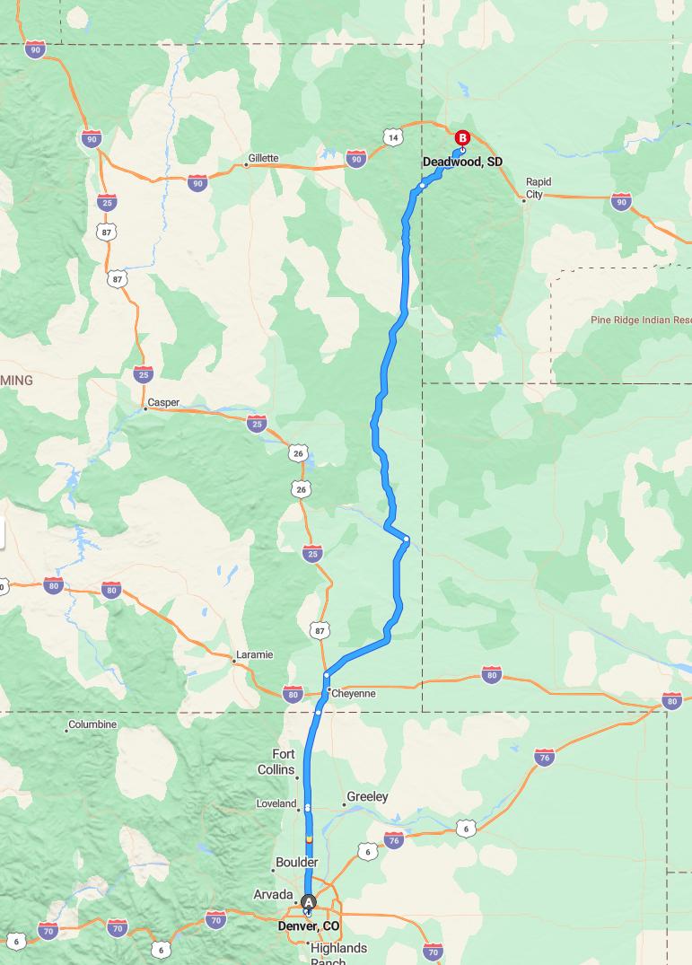 driving from Denver, Colorado to DeadwoodSouth Dakota - map and route