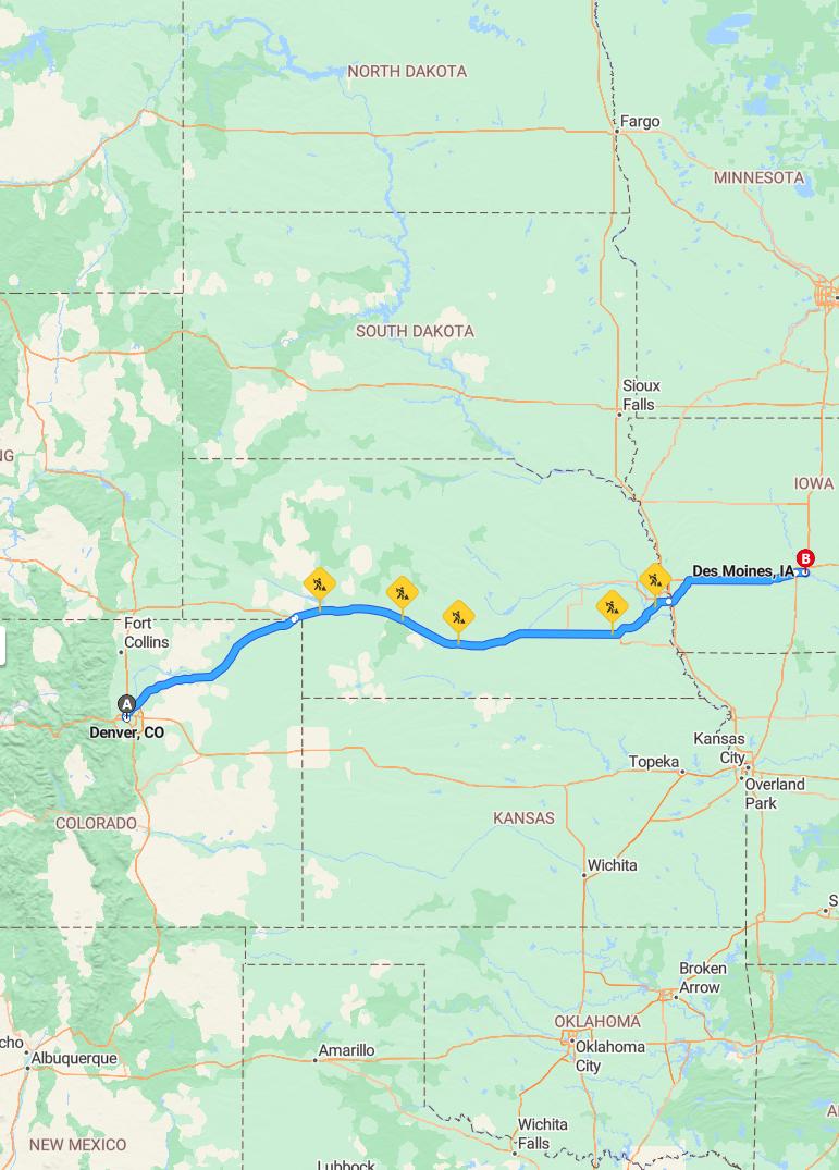 driving from Denver, Colorado to Des MoinesIowa - map and route