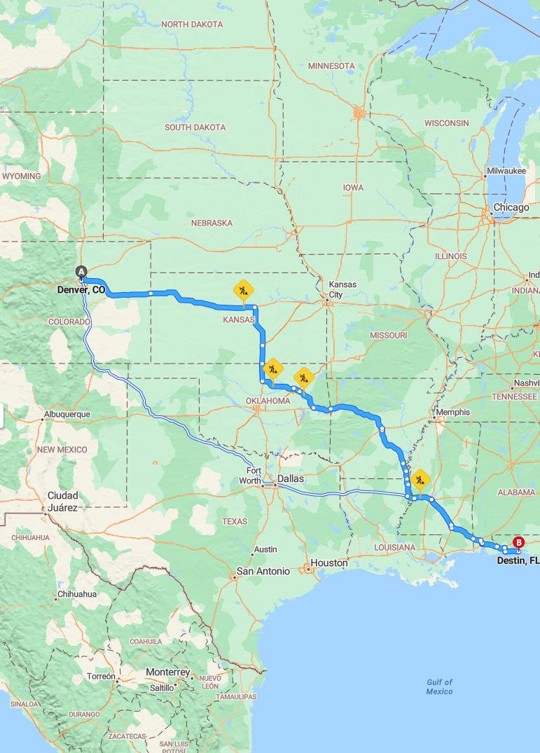 driving from Denver, Colorado to DestinFlorida - map and route
