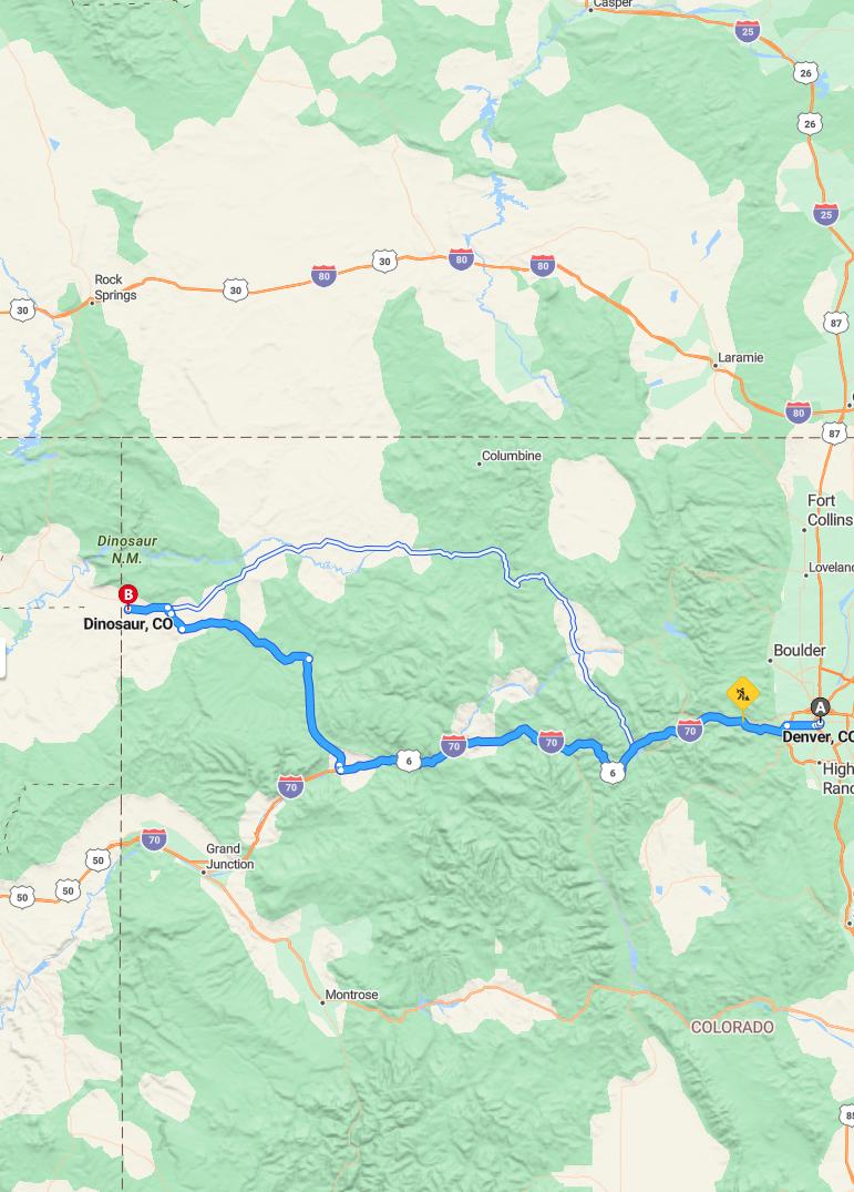 driving from Denver, Colorado to DinosaurColorado - map and route