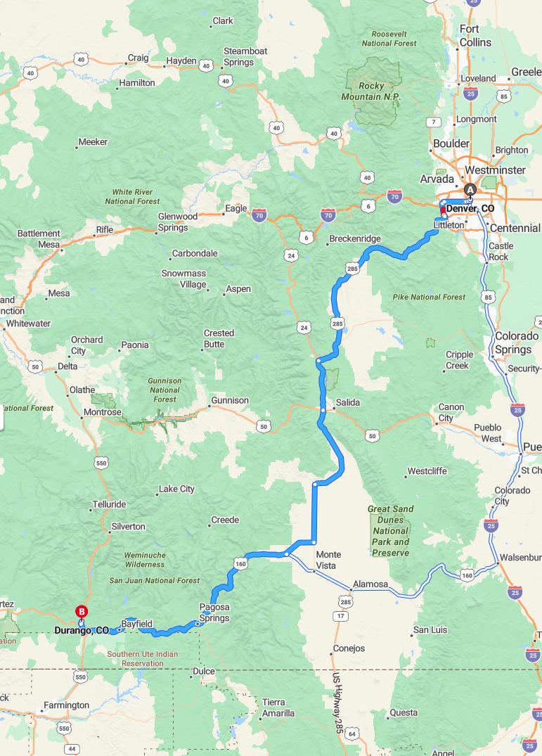 driving from Denver, Colorado to DurangoColorado - map and route