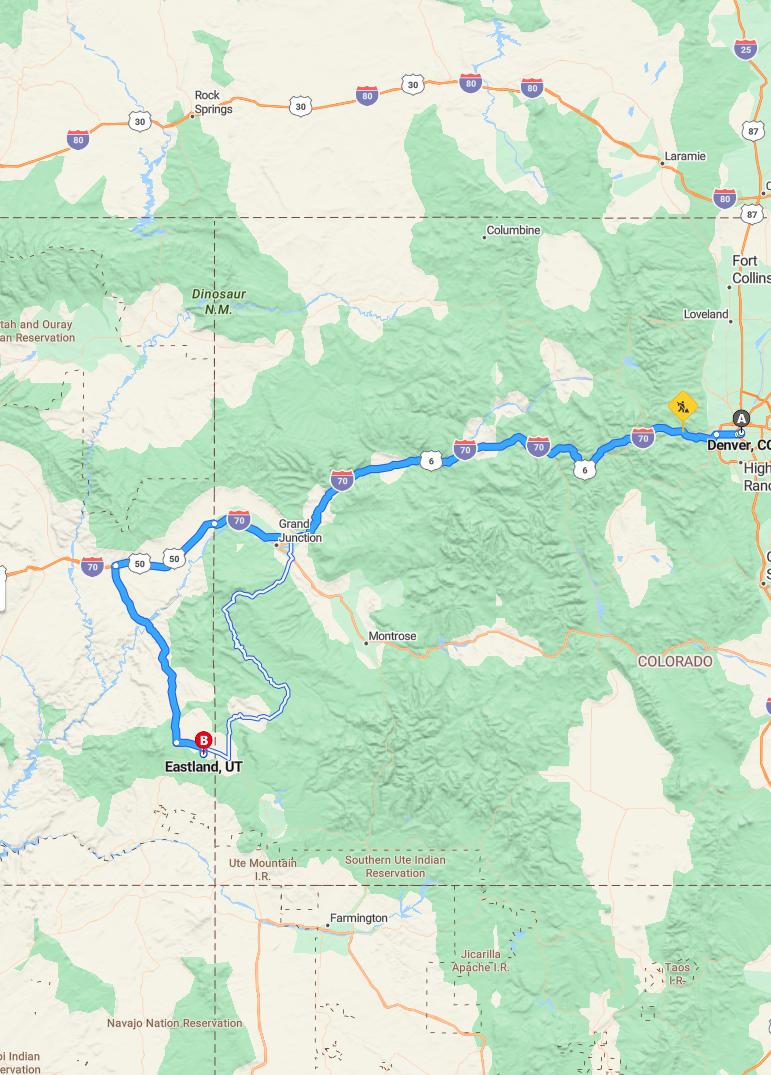 driving from Denver, Colorado to EastlandUtah - map and route