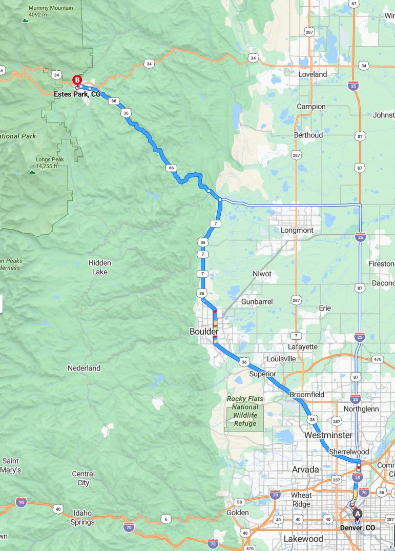 driving from Denver, Colorado to Estes ParkColorado - map and route