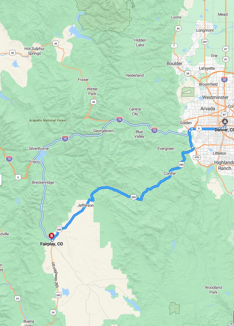 driving from Denver, Colorado to FairplayColorado - map and route