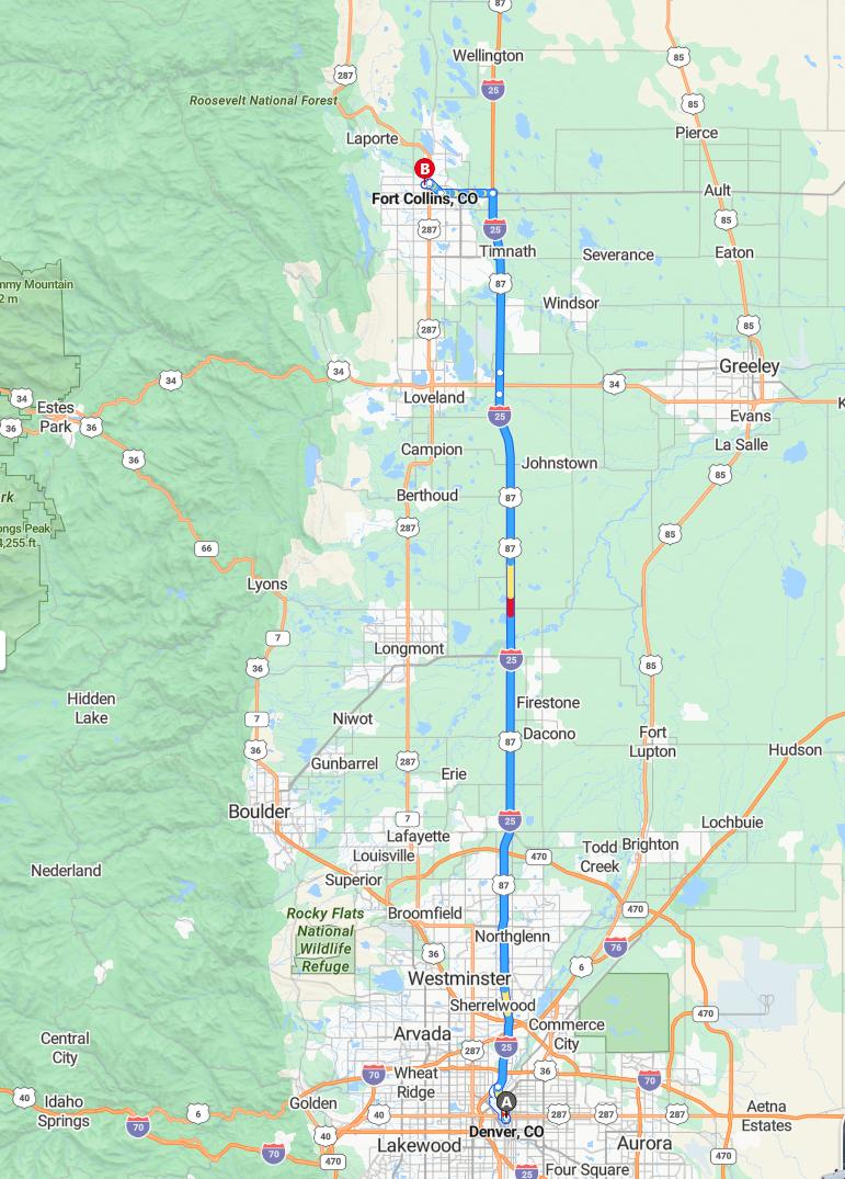 driving from Denver, Colorado to Fort CollinsColorado - map and route