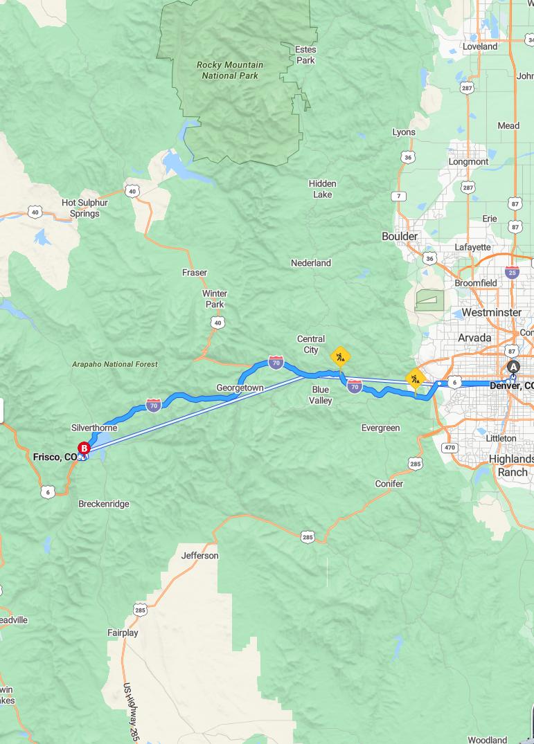 driving from Denver, Colorado to FriscoColorado - map and route