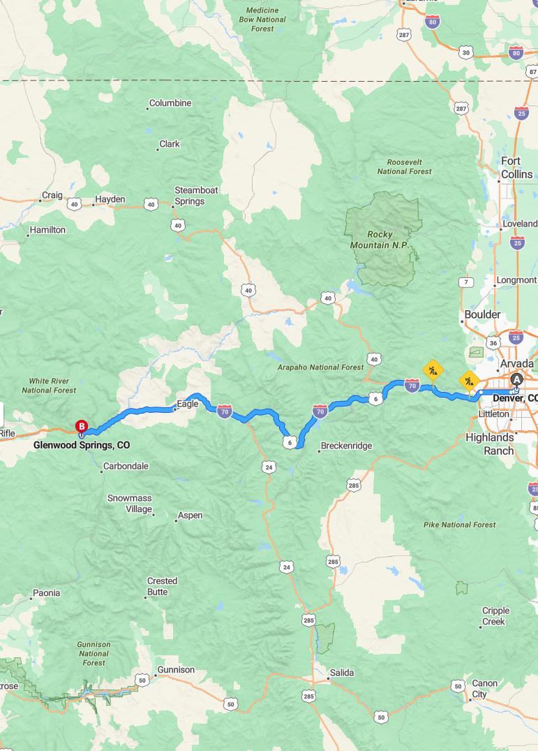 driving from Denver, Colorado to Glenwood SpringsColorado - map and route