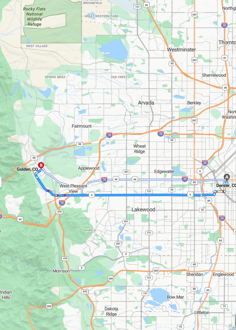 driving from Denver, Colorado to GoldenColorado - map and route