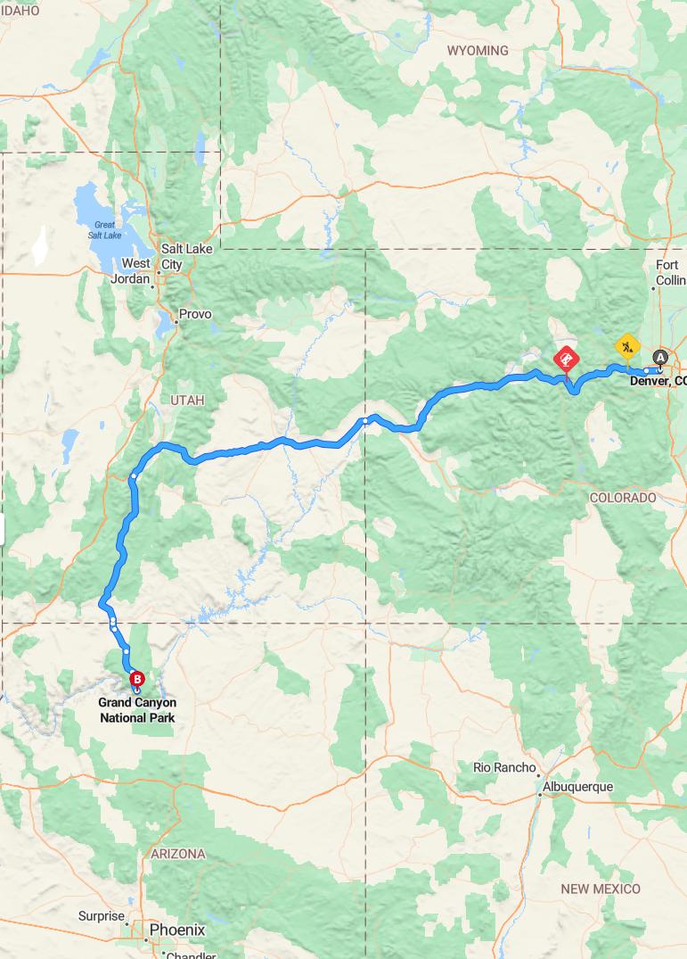 driving from Denver, Colorado to Grand CanyonArizona - map and route