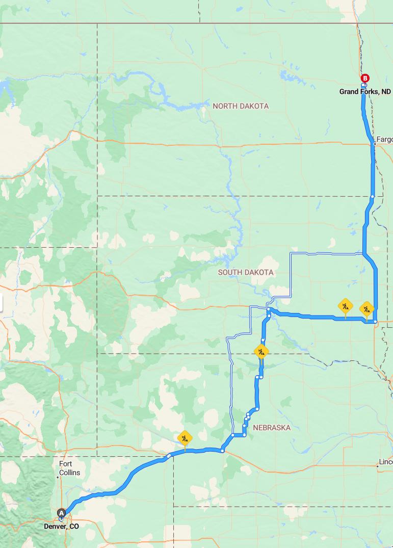 driving from Denver, Colorado to Grand ForksNorth Dakota - map and route