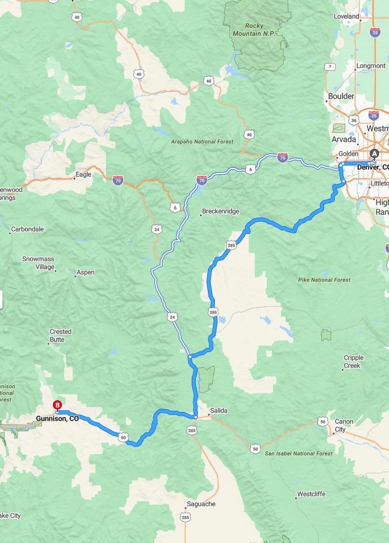 driving from Denver, Colorado to GunnisonColorado - map and route