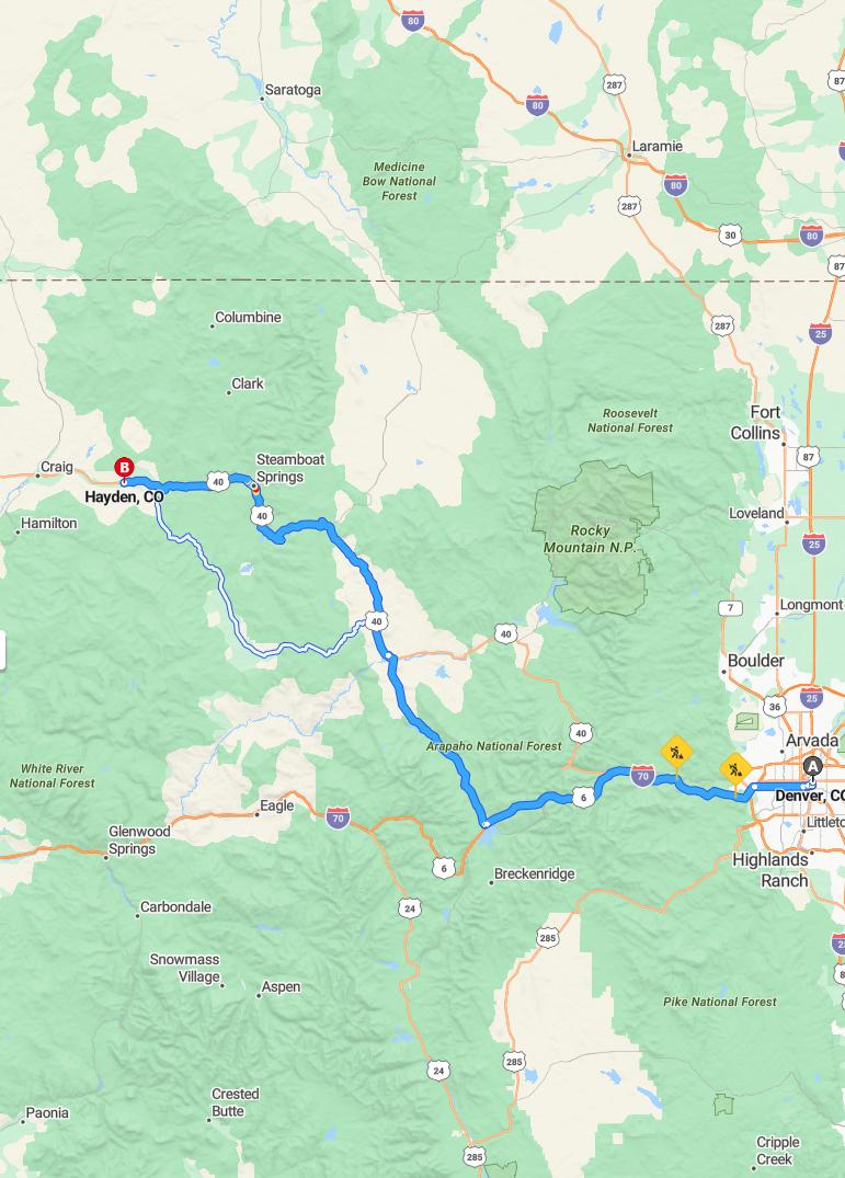 driving from Denver, Colorado to HaydenColorado - map and route