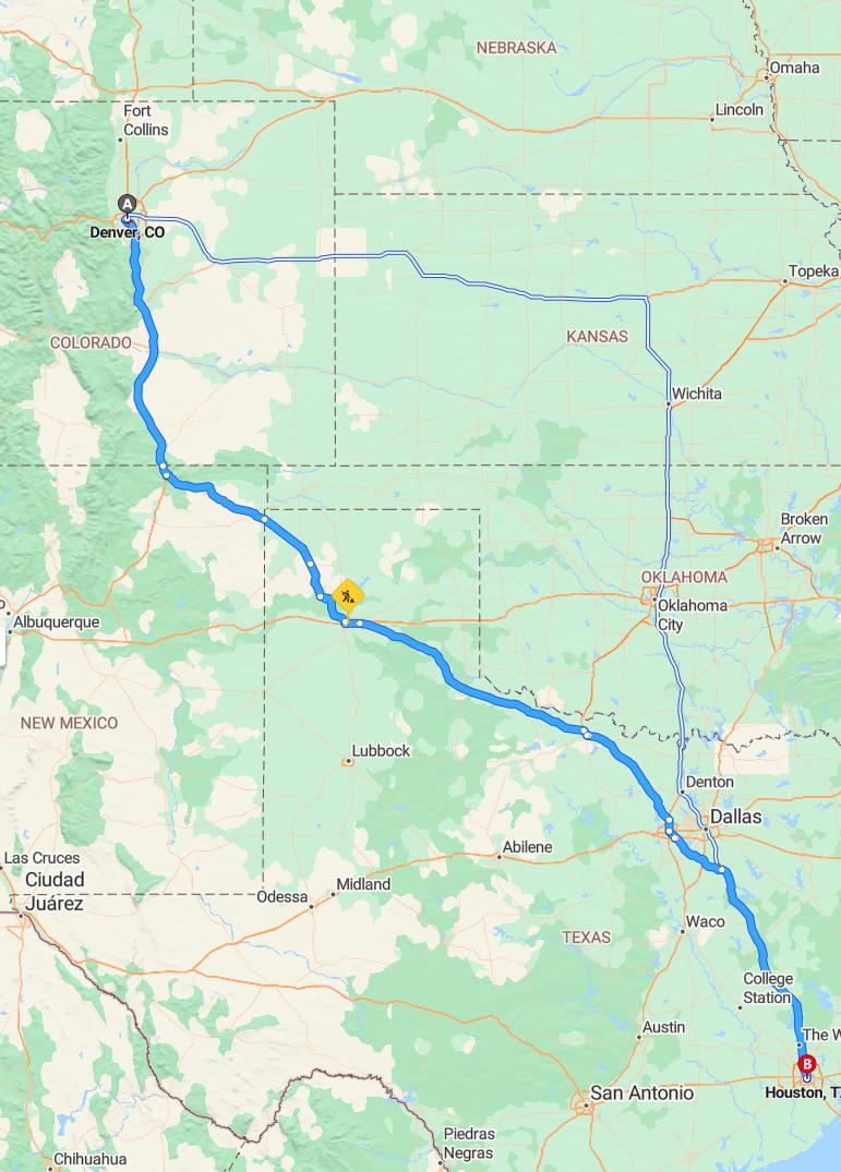 driving from Denver, Colorado to HoustonTexas - map and route