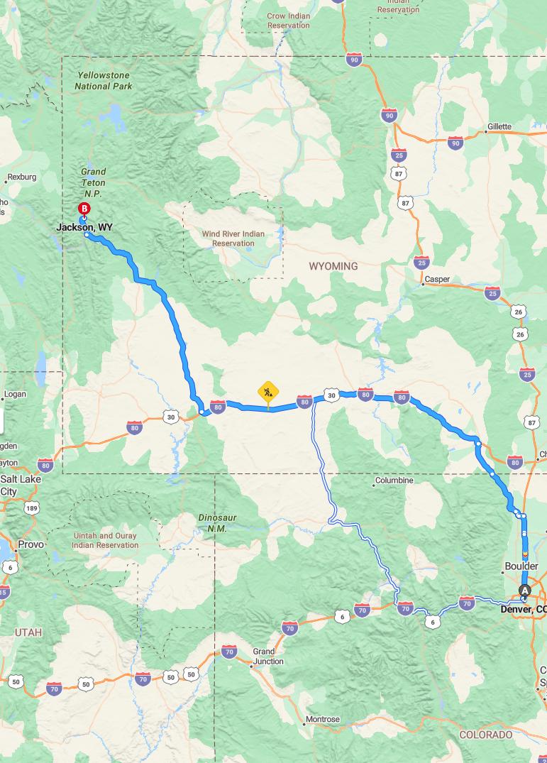 driving from Denver, Colorado to JacksonWyoming - map and route