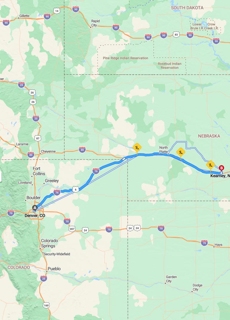 driving from Denver, Colorado to KearneyNebraska - map and route